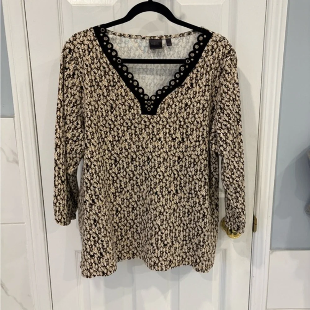 Rafaella | Black & Neutral Colours V-Neck Long Sleeve Top Size 2X Cotton - Picture 9 of 10